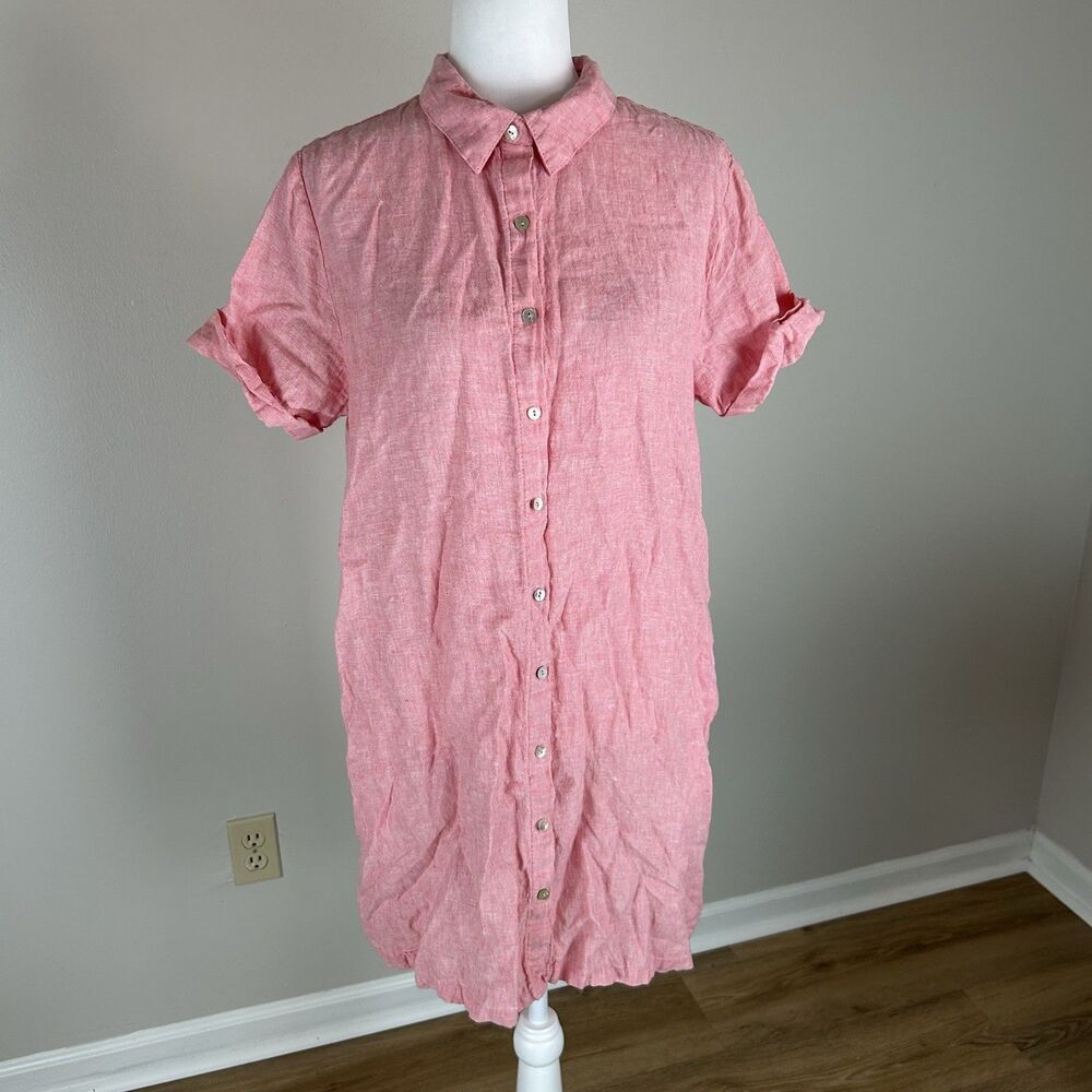 Tahari L 100% Linen Flax Pink Shirt Dress Shift Mini Short Sleeve Button Front